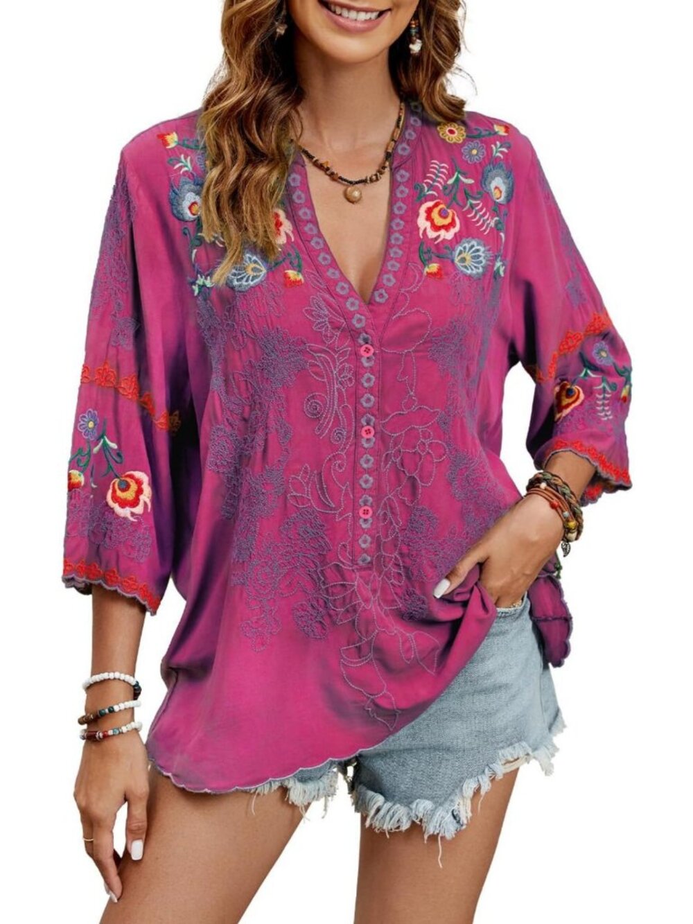 Embroidered Mexican Peasant Blouse | Boho 3/4 Sleeve V-Neck Tunic Top